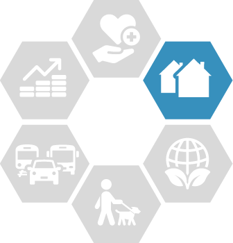 Five greyed out hexagons and one blue hexagon with two solid white houses inlaid