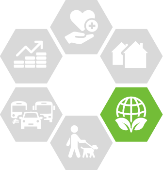 Five greyed out hexagons and one green hexagon with a globe and leaf inlaid