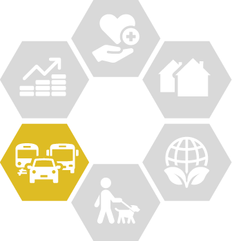 Five greyed out hexagons and one yellow hexagon with a bus, train and car inlaid