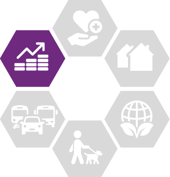 Five greyed out hexagons and one purple hexagon showing an ascending graph